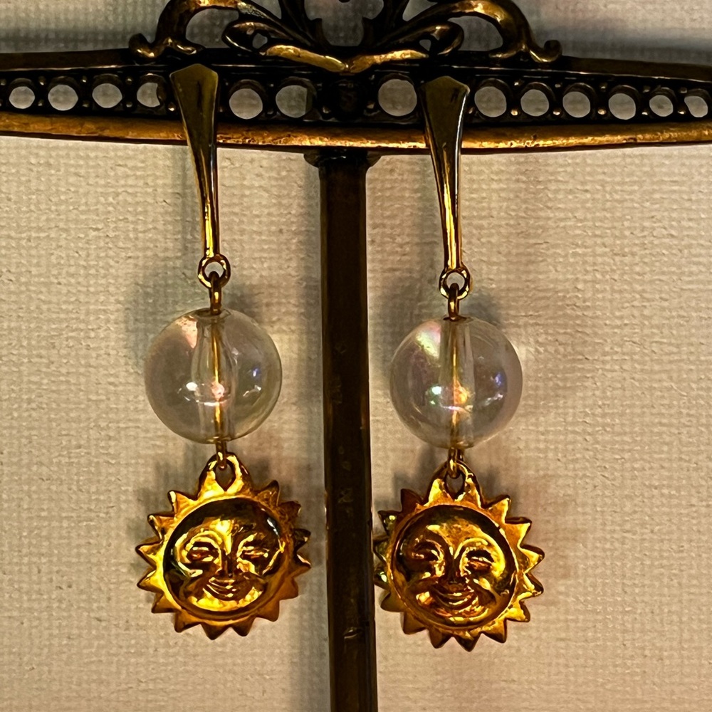 Vintage Avon Gold Sun Earrings with Clear Beads